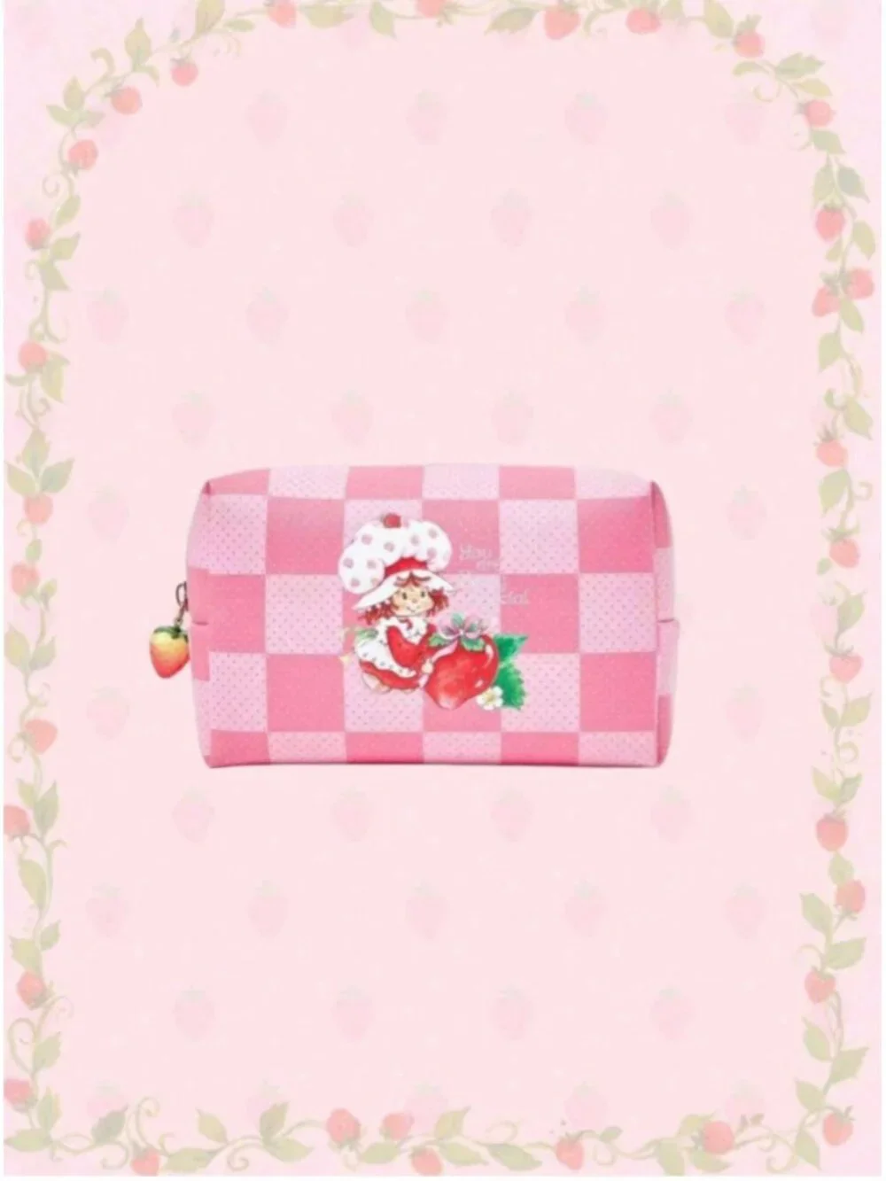 Strawberry Shortcake Pink Checkered Cosmetic Bag Cute Travel Makeup Pouch Charm